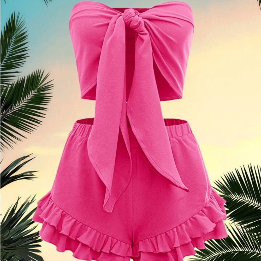 SHEIN Hot Pink Strapless Tie Front 2-Piece Set Ruffle Shorts Co-Ord Size L NWOT